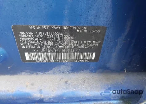 2009 Subaru Impreza Wrx z USA, uszkodzony, nr VIN JF1GH76619G810632